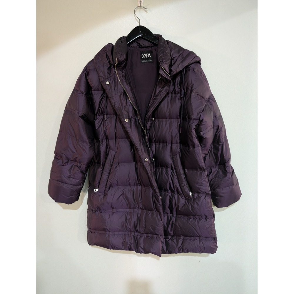 Zara Down Puffer Jacket Small Deep‎ Purple 60/40 Feather Water Repellent Hooded